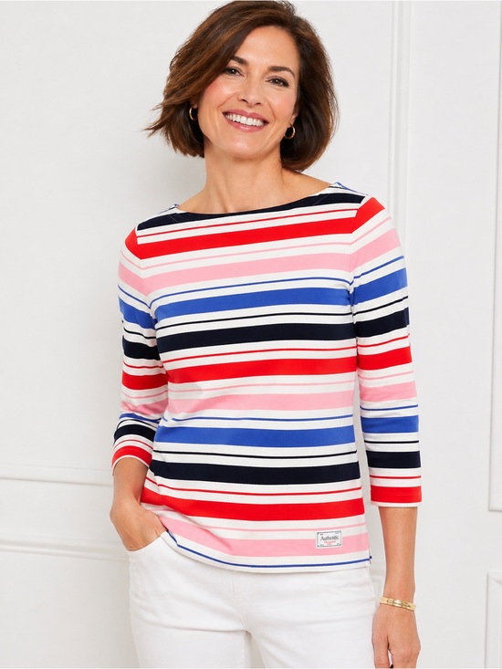 Talbots Tops - Talbots Authentic 3/4 Sleeve Striped Boatneck Top in Red, Pink & Blue